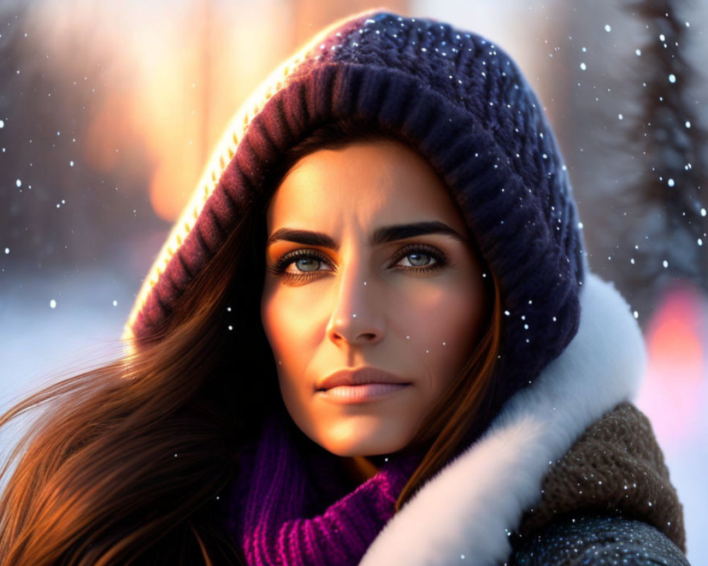 Woman with striking eyes in knit hat and scarf in snowy winter scene