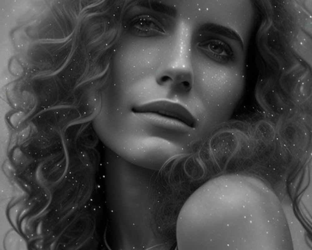 Monochromatic portrait of woman with curly hair gazing into distance