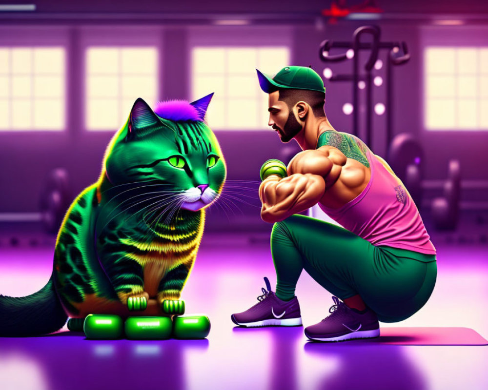 Man in sports attire squatting next to oversized green-striped cat in gym setting with weights.