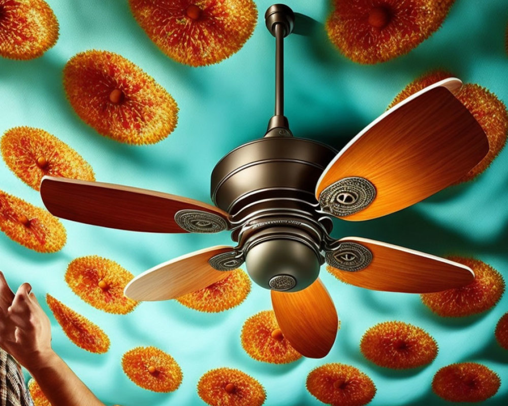 Wooden-blade ceiling fan on textured turquoise background with floating orange star fruits and reaching hand.