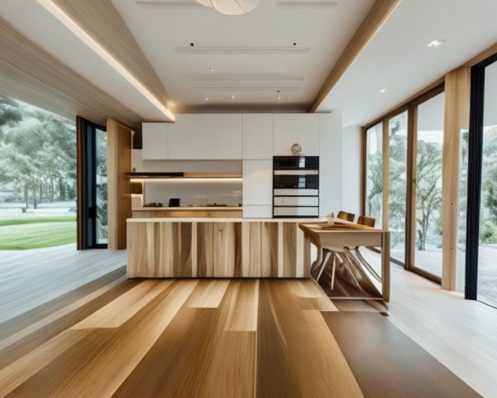 Contemporary Kitchen with White Cabinets, Island, Wooden Floors, Stylish Lighting, Large Windows
