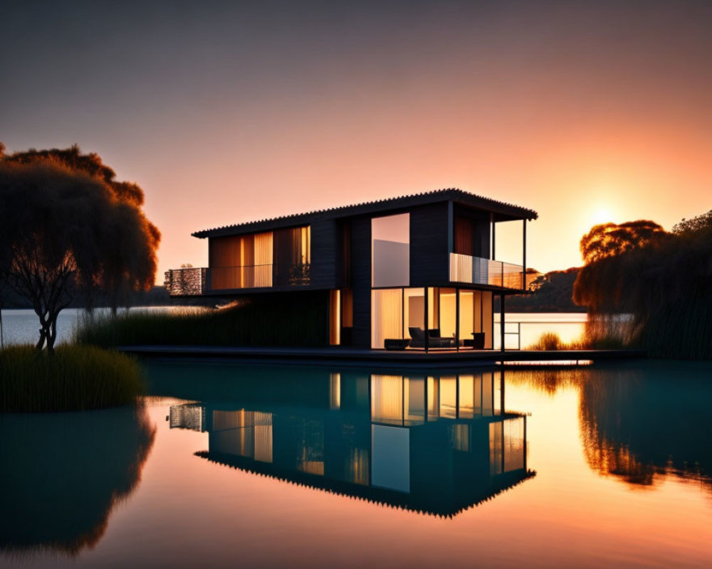 Spacious two-story house with large windows overlooking serene lake at sunset