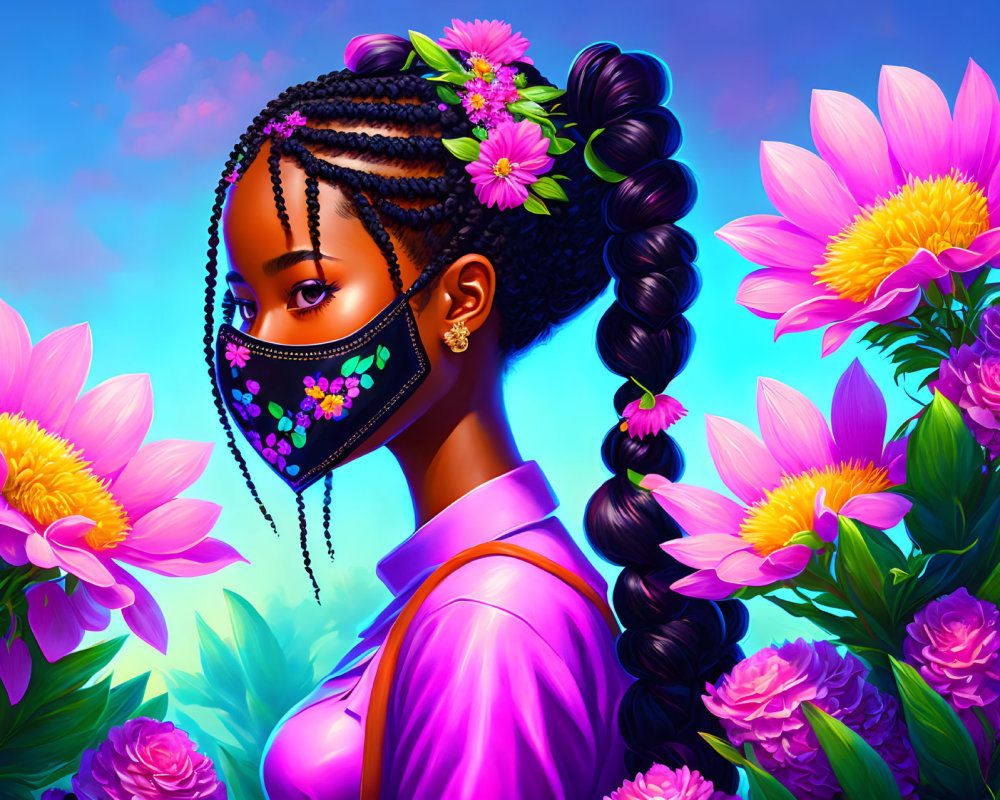 Illustrated woman with flower-adorned braid and mask in vibrant floral setting