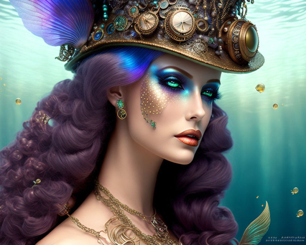 Violet-haired woman in steampunk hat with clocks and gears, fantasy makeup, in underwater scene