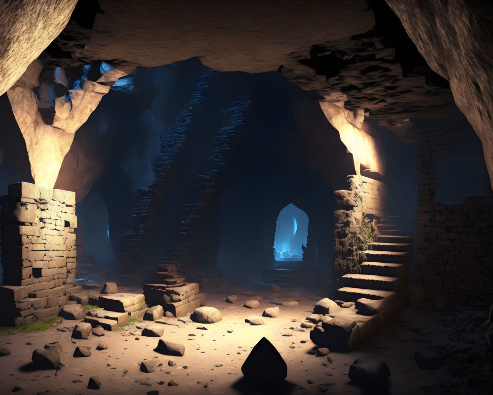 Mysterious cavern with ruins and illuminated entrance
