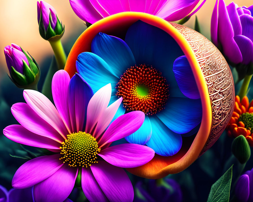 Colorful Digital Art: Flowers with Golden Ring in Surreal Setting