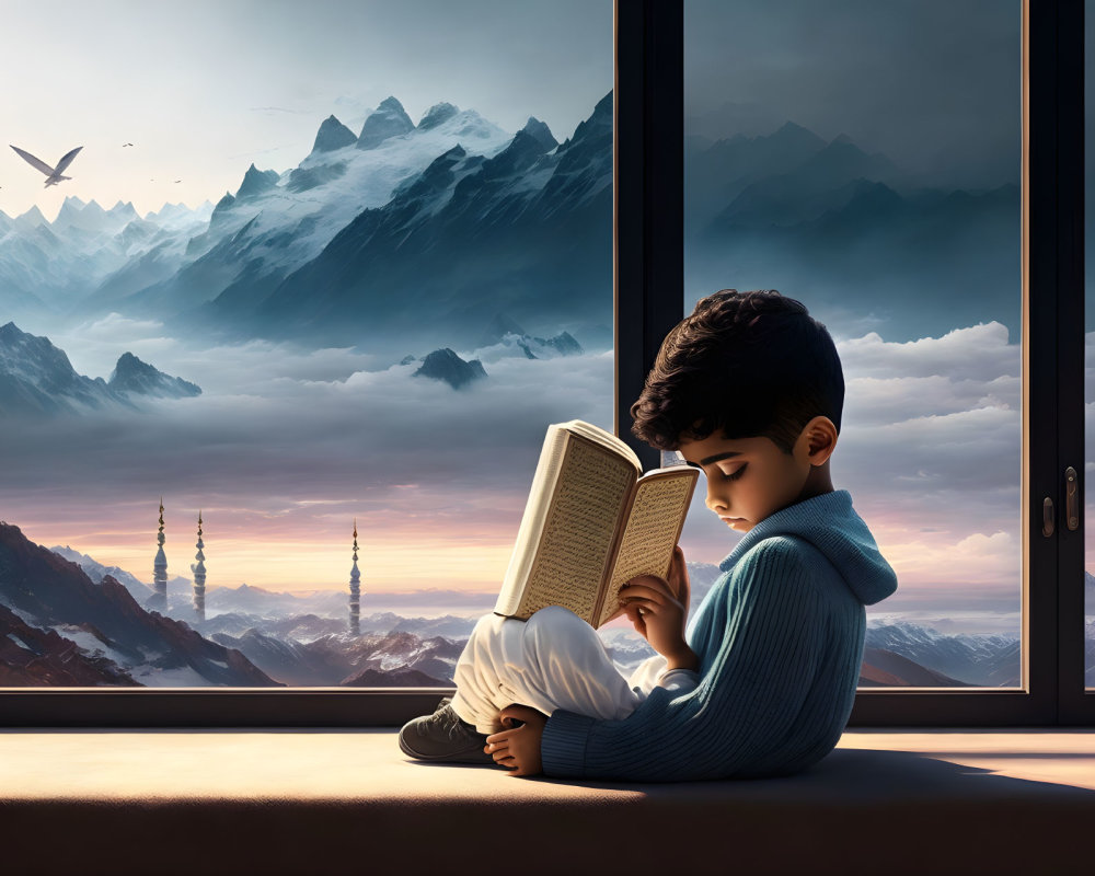 Boy reading book by window with mountain view at dawn