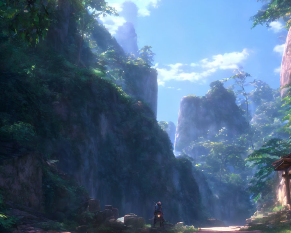 Mystical forest path with towering cliffs and figure amid lush greenery
