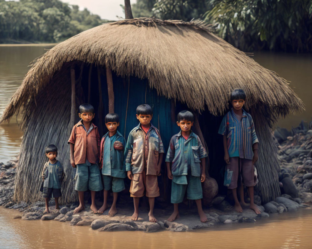 Five Children Standing in Front of Thatched Hut by Riverbank
