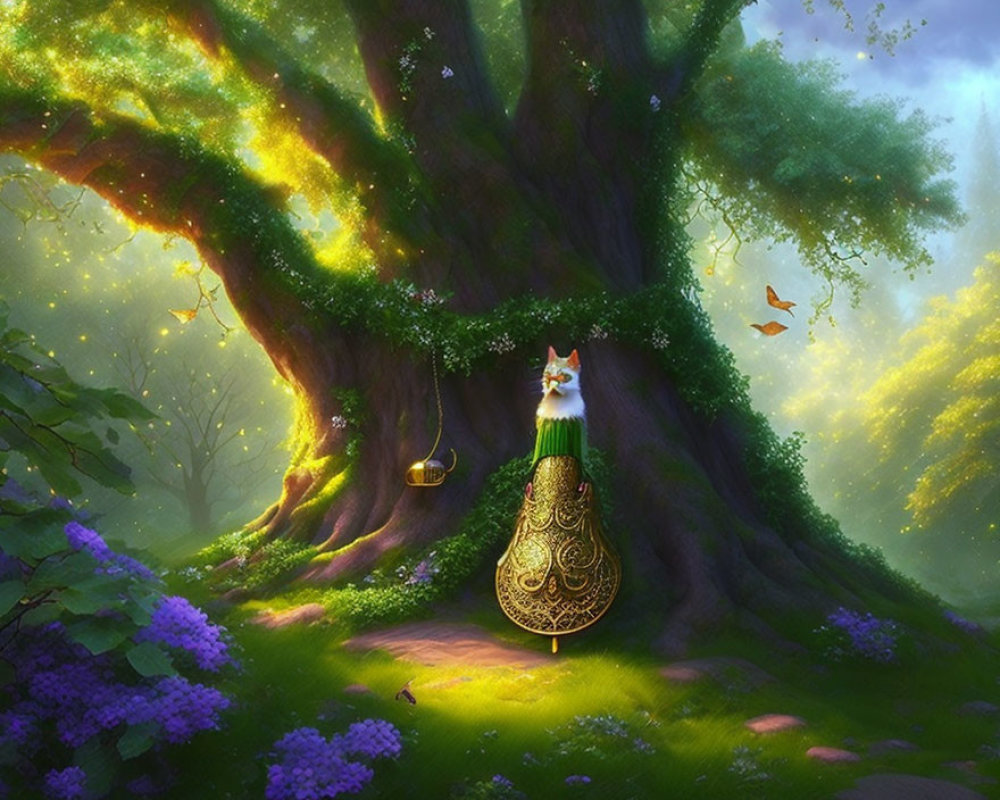 Majestic cat with long tail in mystical forest with sunlight and purple flowers