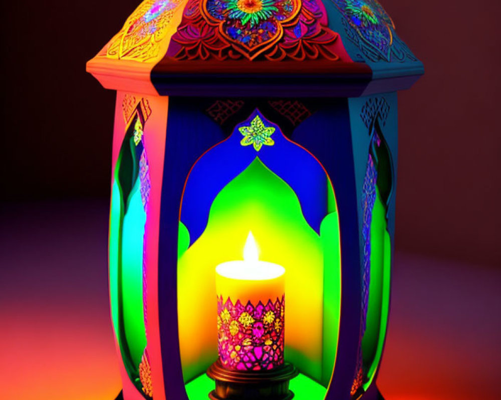 Colorful ornate lantern glowing with warm light on dark background