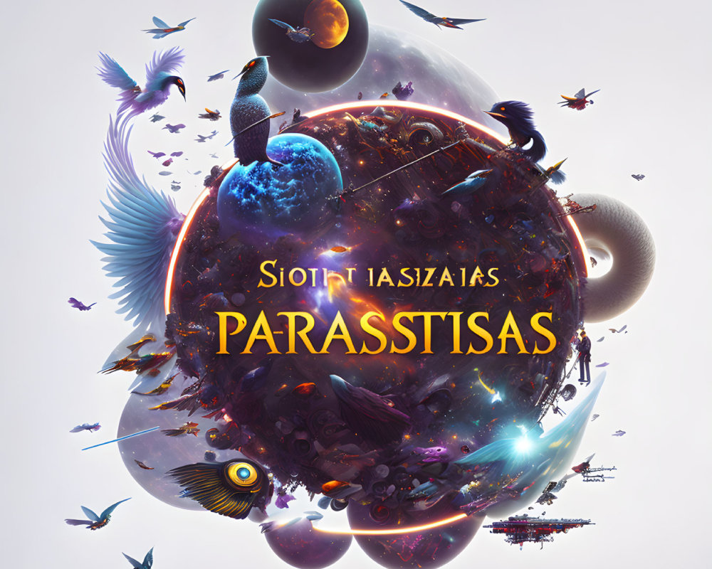 Colorful surreal digital artwork with planets, birds, music, and abstract shapes around a fiery orb.