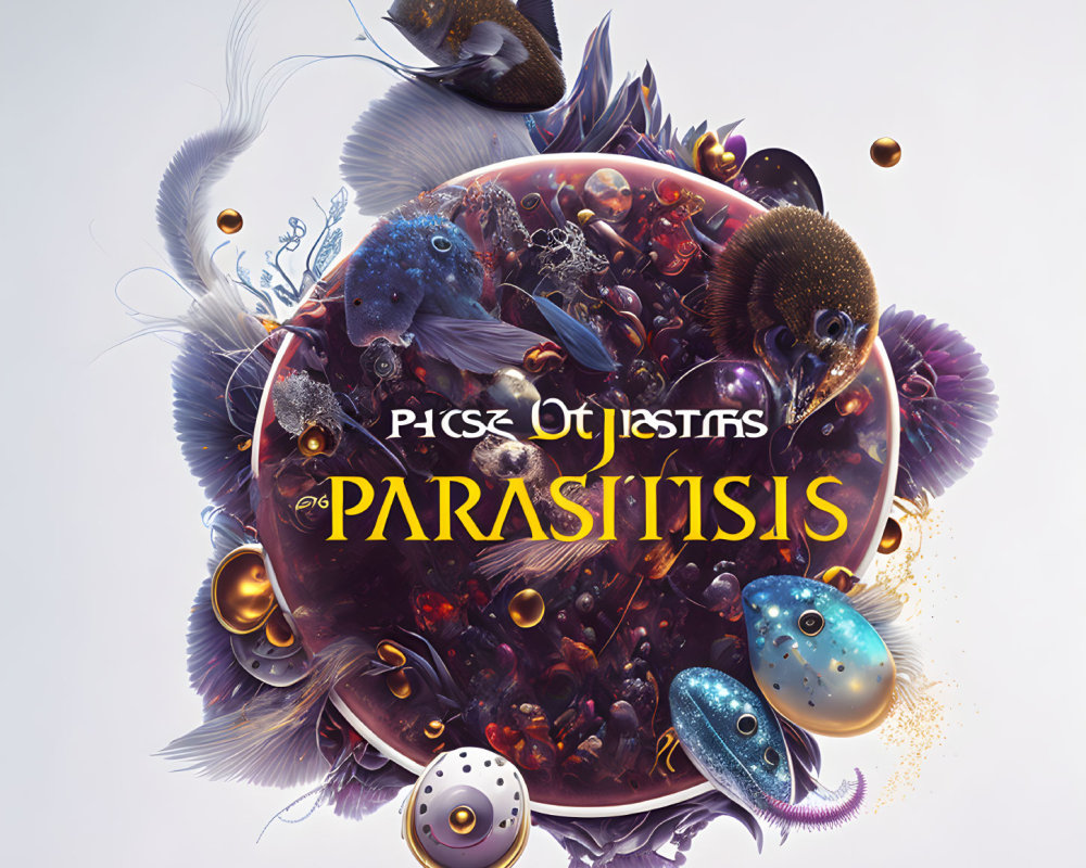 Surreal spherical composition with fish, feathers, bubbles, and stylized text.