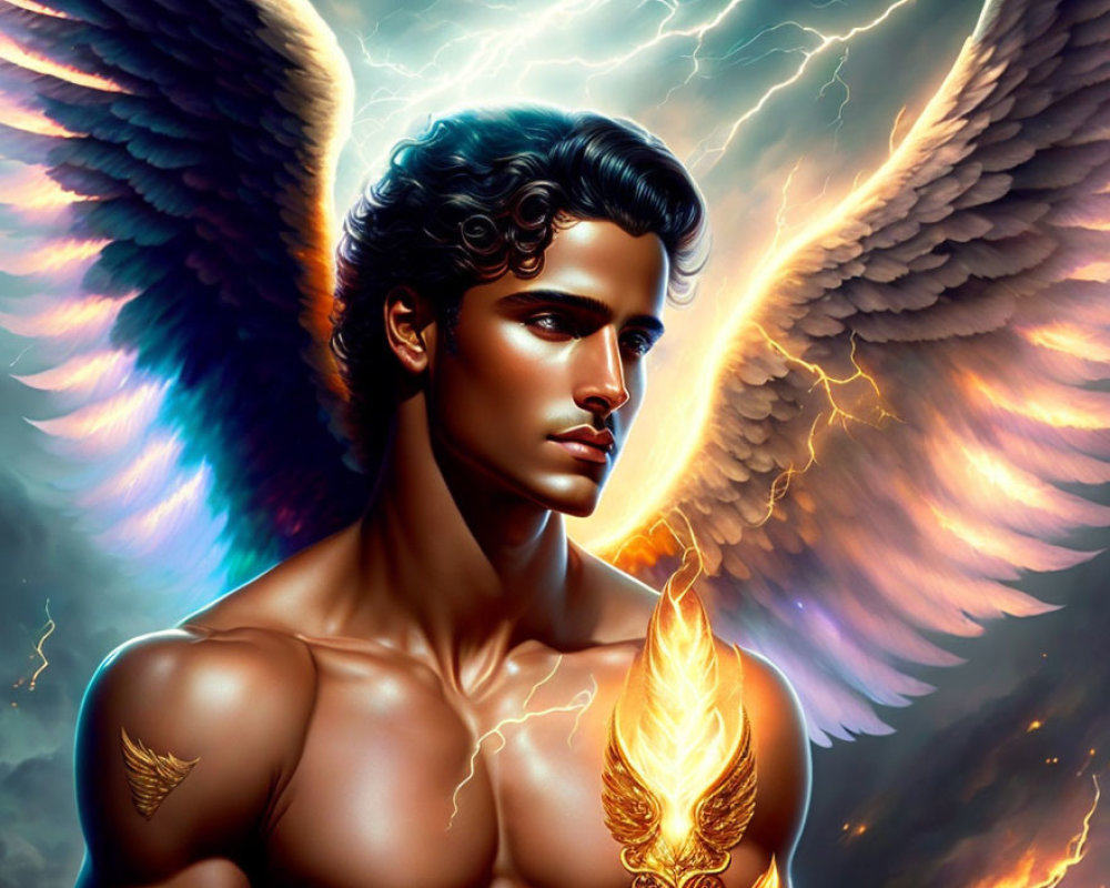 Male figure with angelic wings in lightning, holding flame with wing motif.
