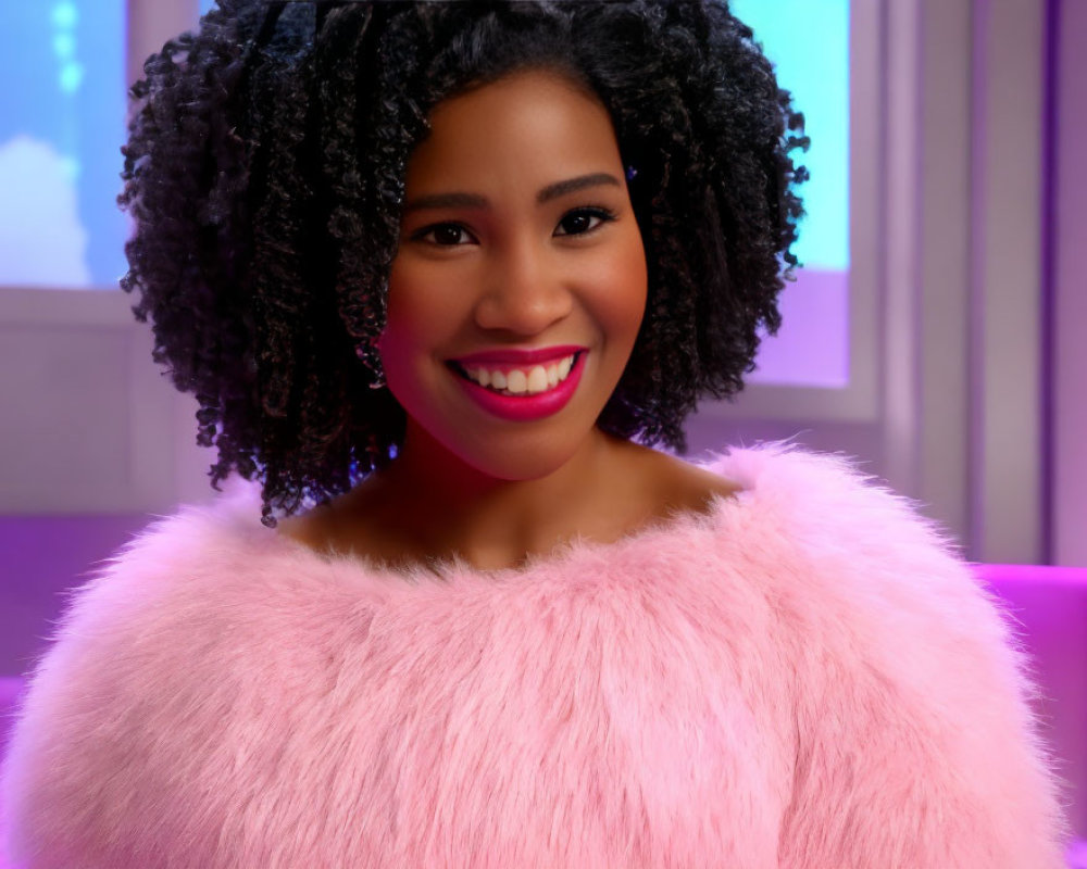 Curly-haired woman in pink top against purple background
