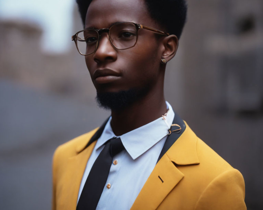 Fashionable man in yellow blazer, white shirt, black tie & glasses exudes confidence.