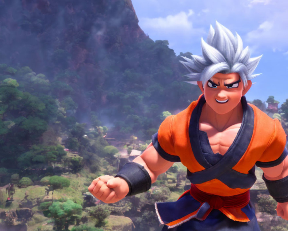 Spiky Silver-Haired Animated Character in Orange Martial Arts Uniform with Forest Background