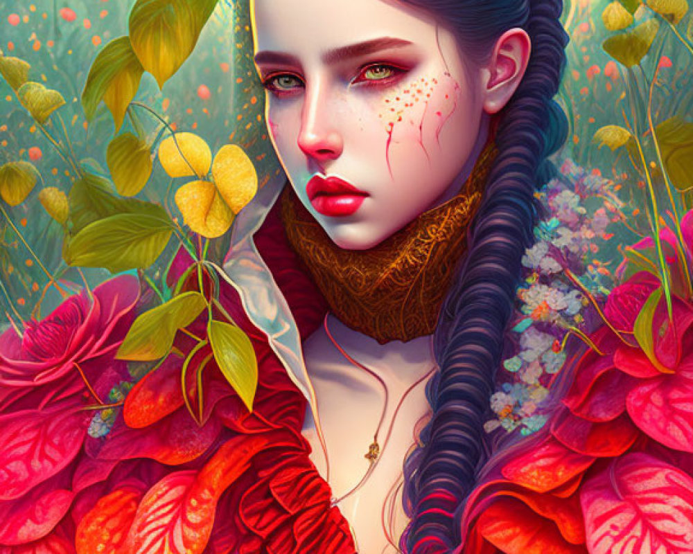 Digital Artwork: Woman with Pale Skin and Dark Hair in Nature-Inspired Setting