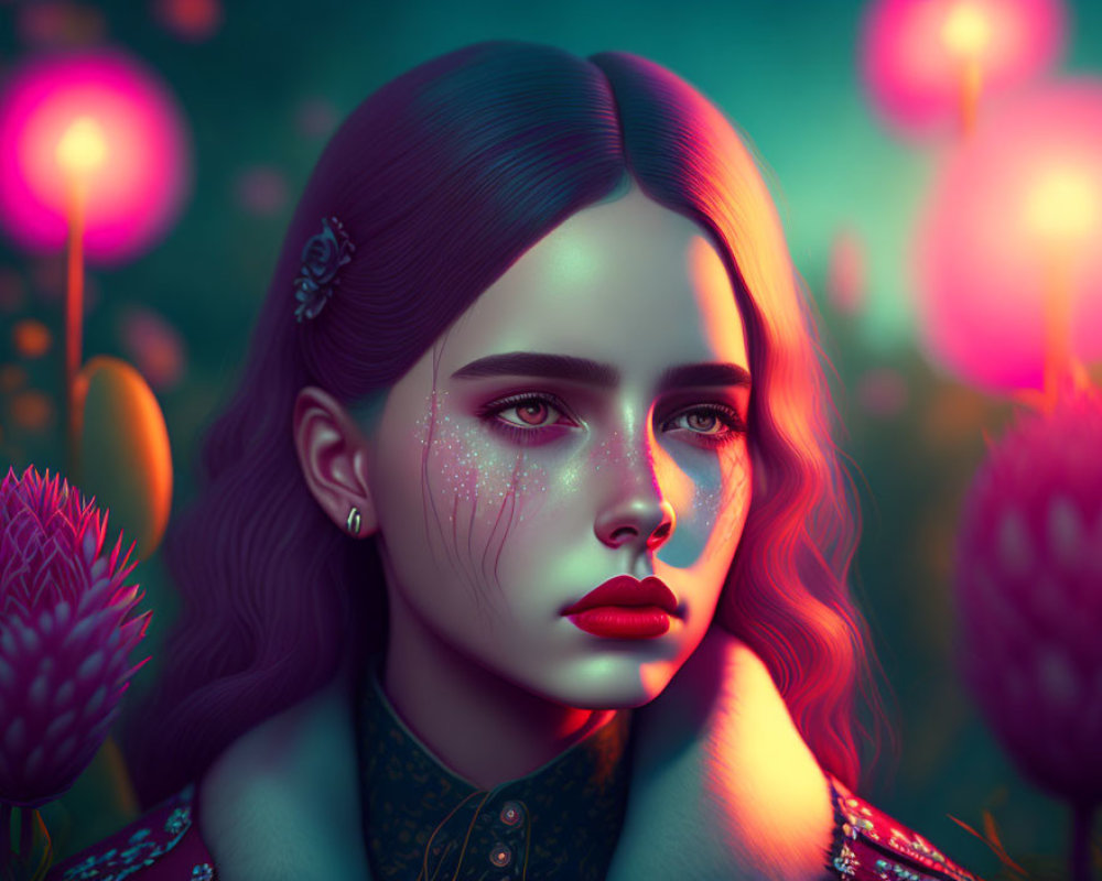 Digital Art: Woman with Glittering Tears and Glowing Flowers