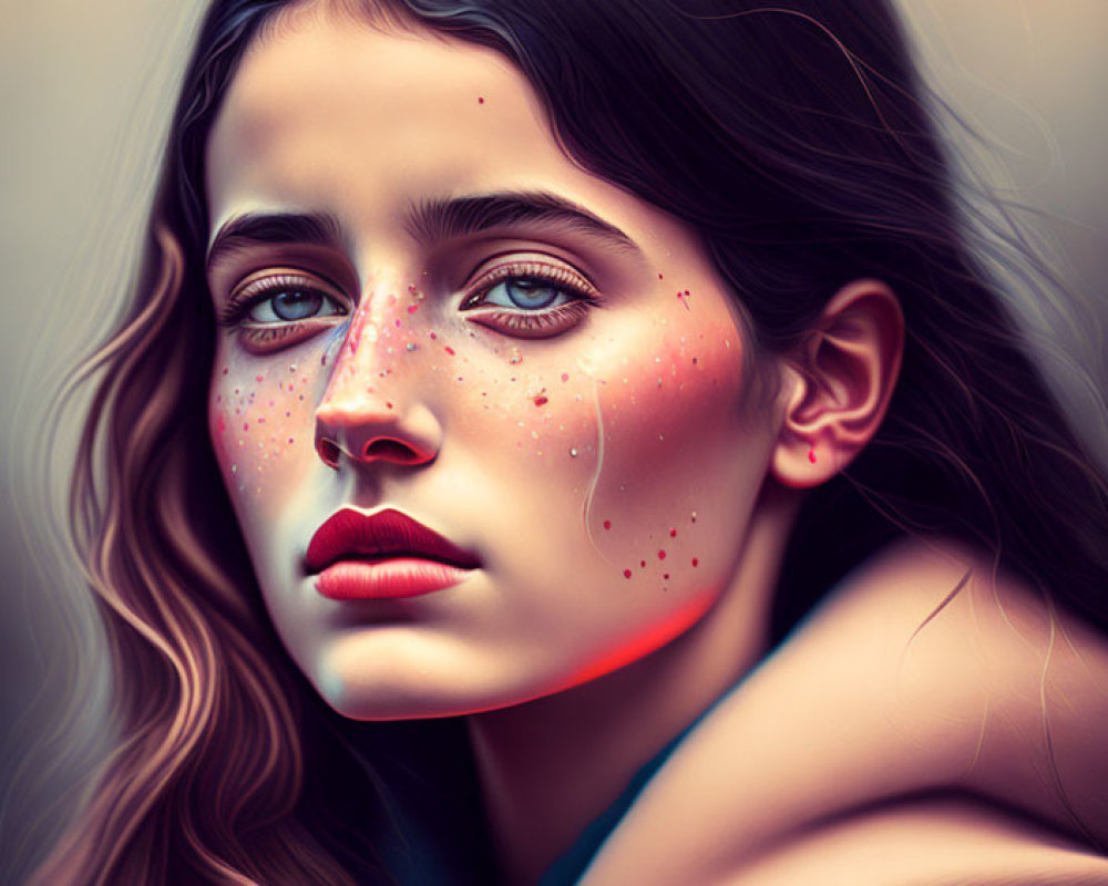 Digital portrait of woman with blue eyes, wavy hair, and freckles in warm color palette