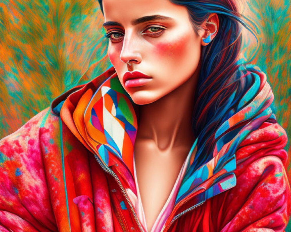 Vibrant digital portrait: Woman with blue hair, red makeup, multicolored jacket on neon
