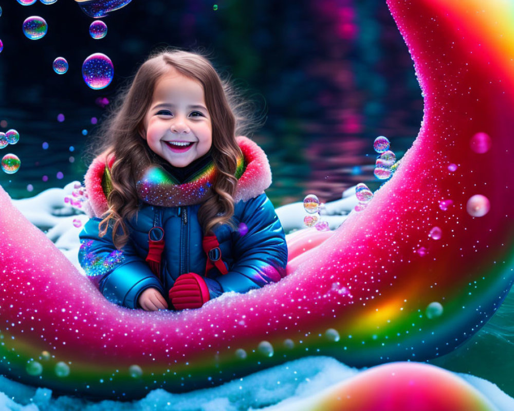 Child in winter coat surrounded by colorful bubbles and magical swirl in snowy scene