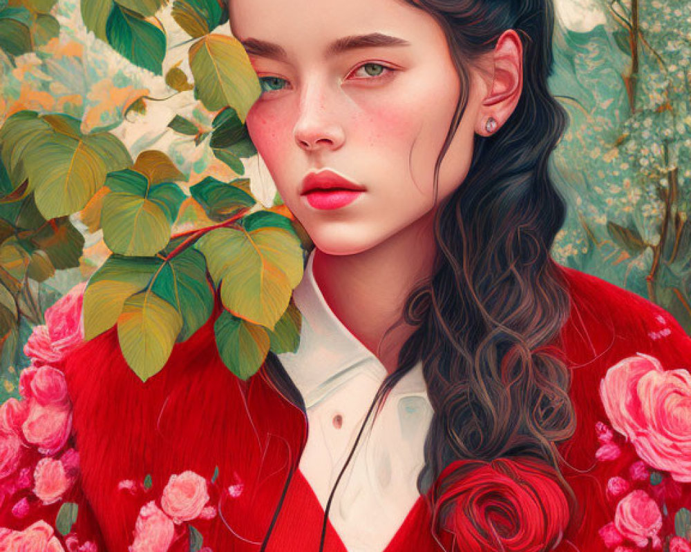 Digital Illustration: Woman with Wavy Hair in Red Floral Coat Amidst Lush Greenery