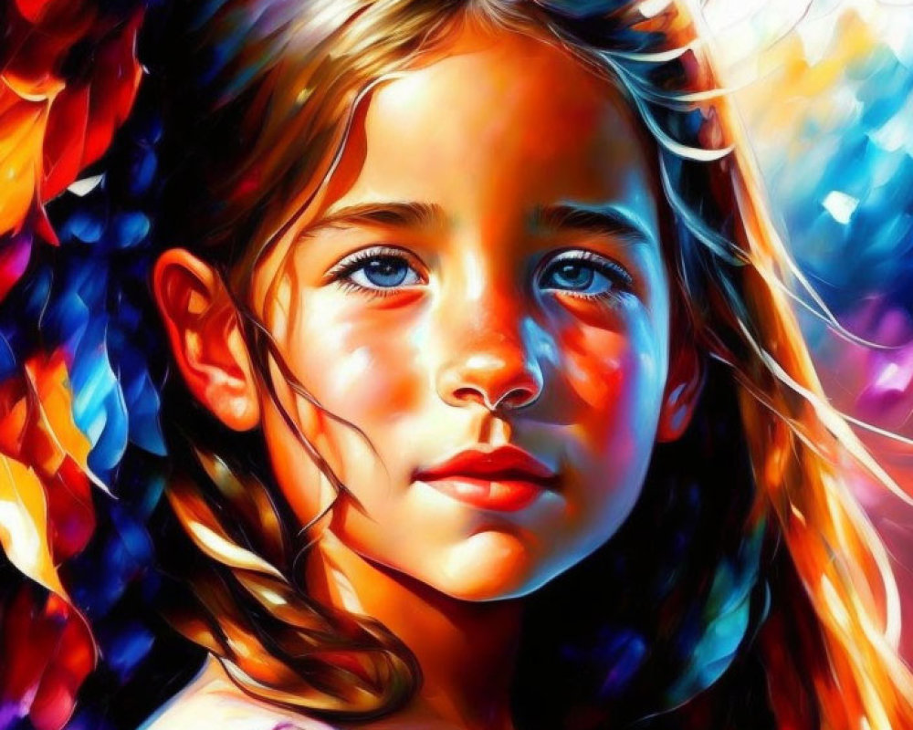 Vivid brushstrokes surround serene young girl with wavy hair