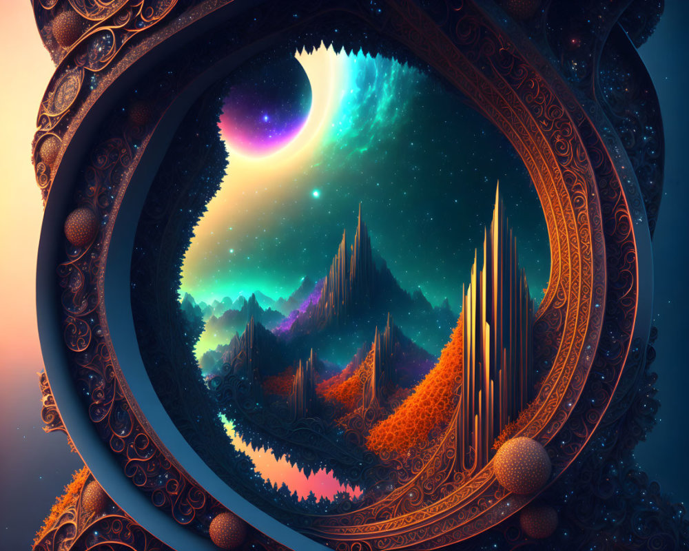 Circular frame containing vibrant fantasy landscape with mountains, forest, and starry sky.