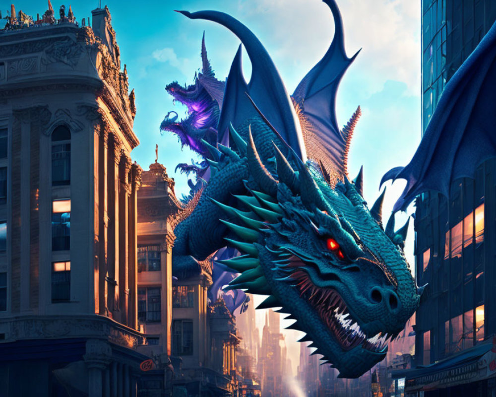 Blue dragon with red eyes dominates modern cityscape