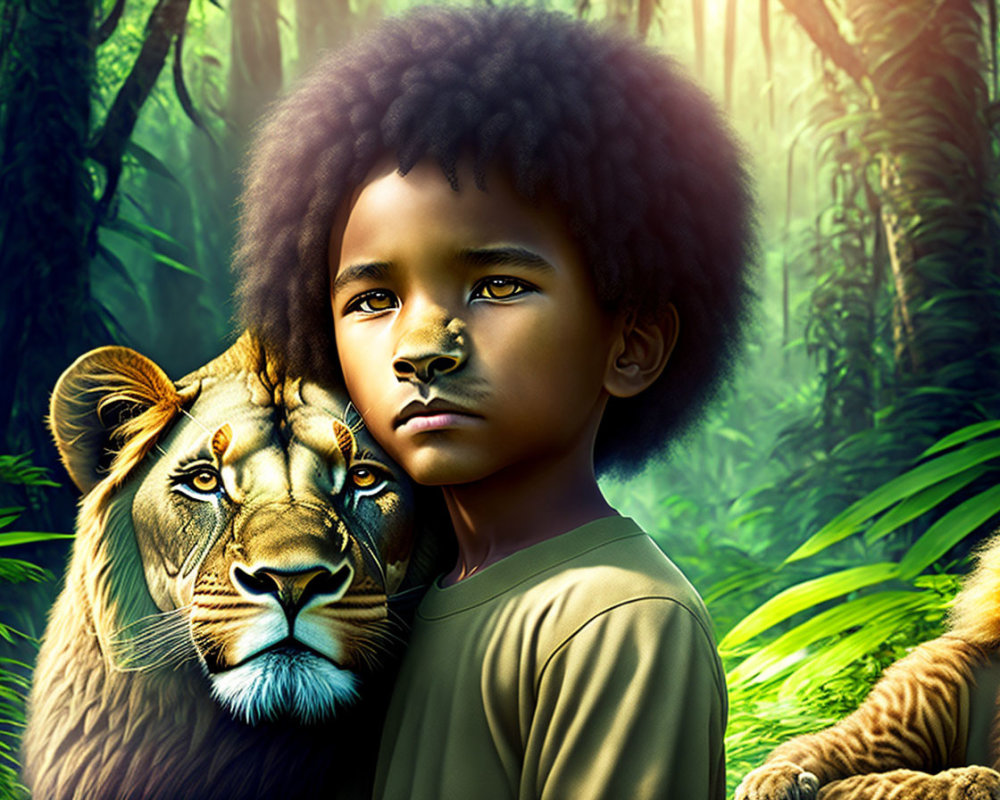 Boy with Afro near Lion in Serene Jungle Setting