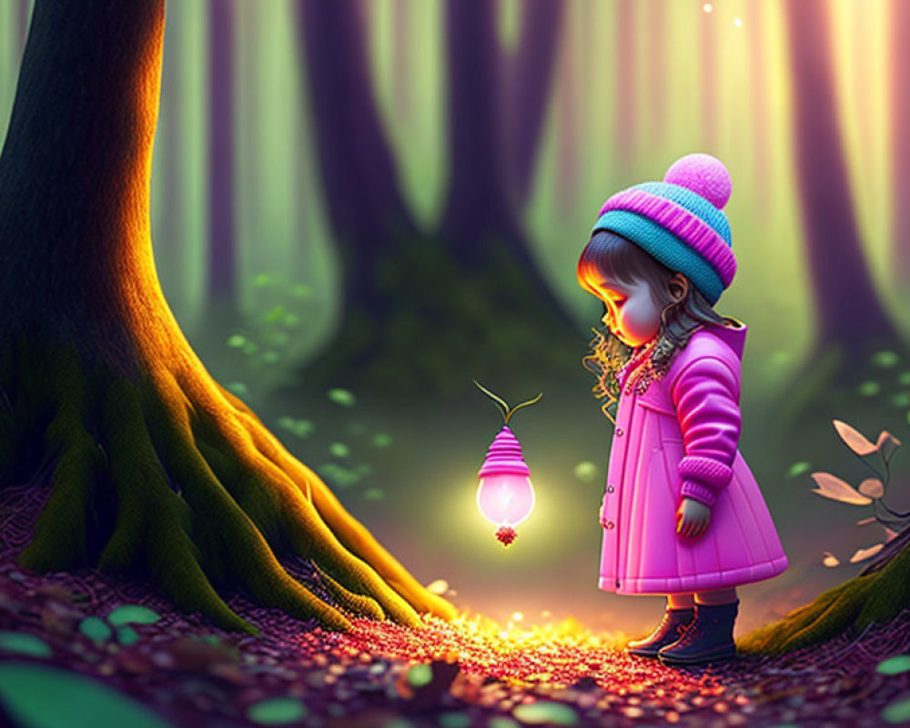 Young girl in pink coat mesmerized by glowing light bulb in magical forest