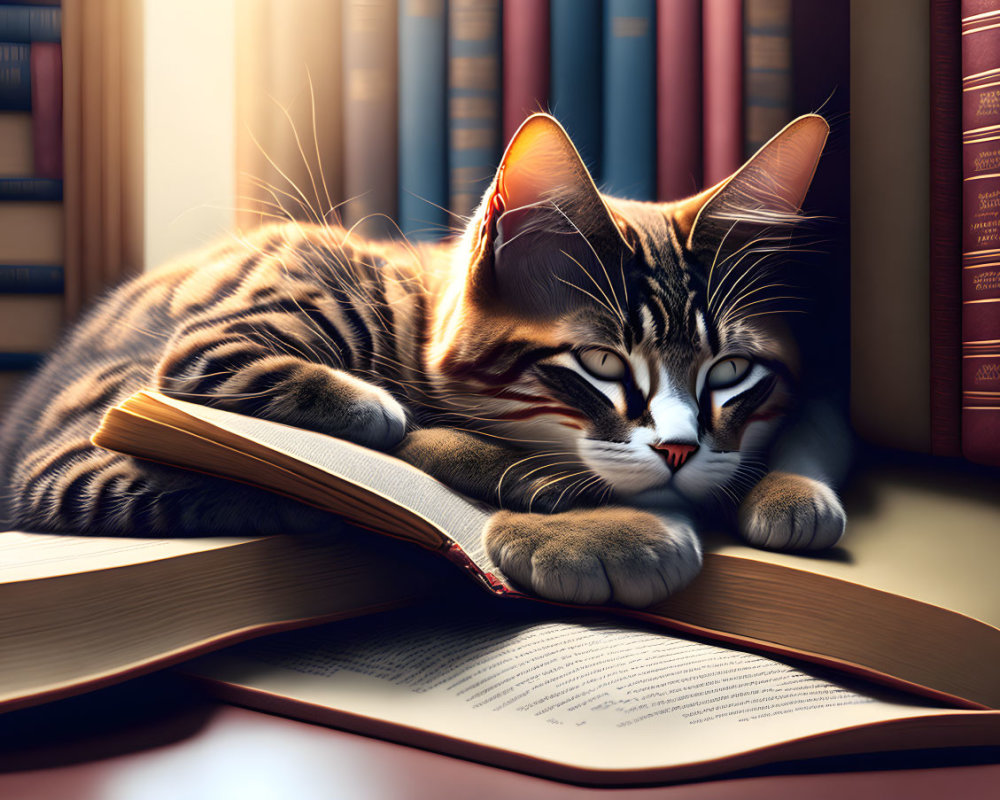 Tabby cat resting on open book in cozy book-filled setting
