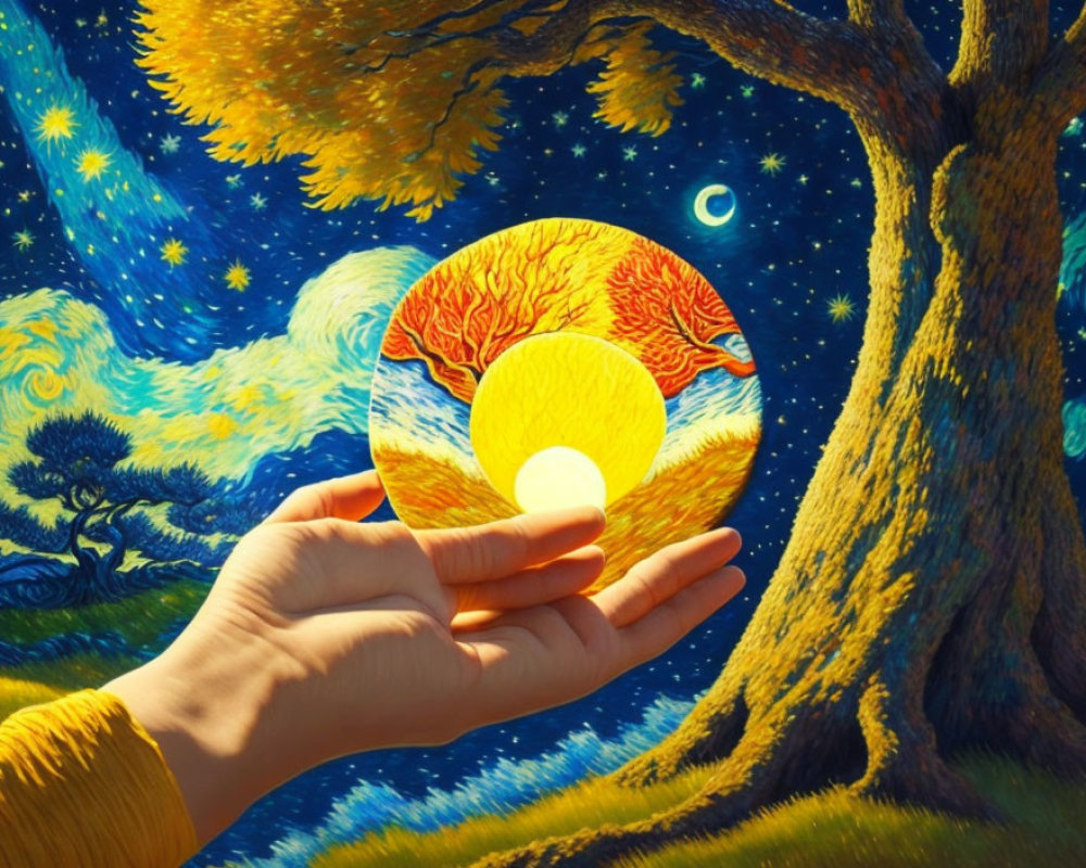 Circular Day and Night Landscape Frame Held in Hand