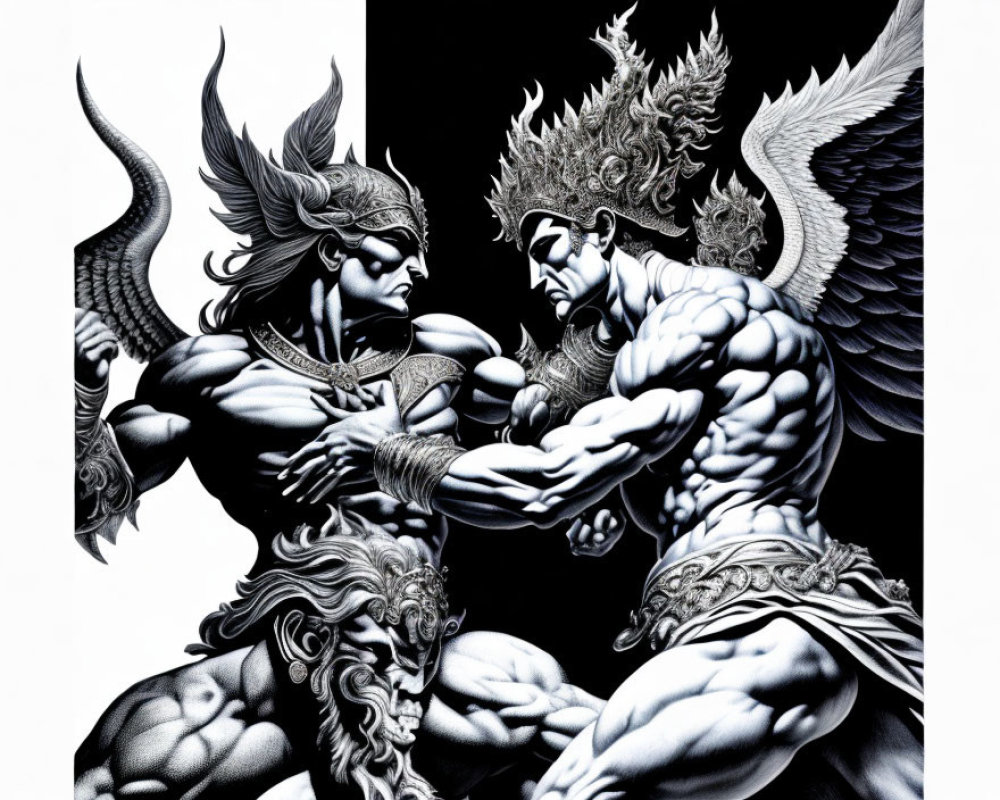 Mythological figures arm-wrestling in black and white setting