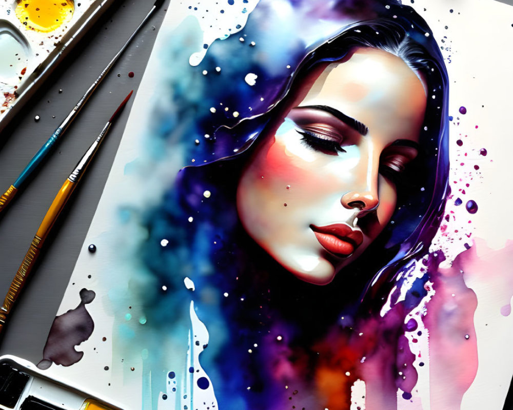 Colorful Watercolor Painting of Woman's Face with Dripping Paint Details