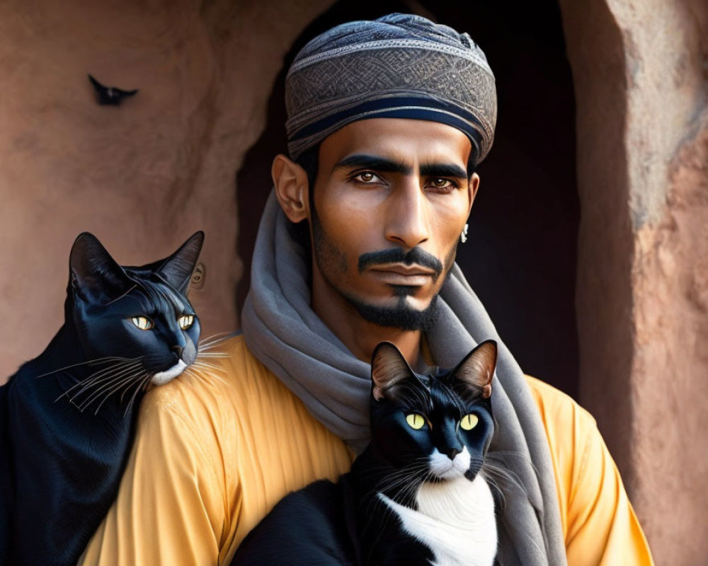 Man with Headscarf Poses with Two Cats on Warm Background
