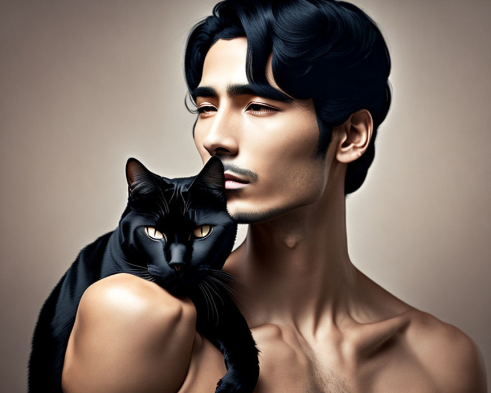 Styled man holding black cat against beige background