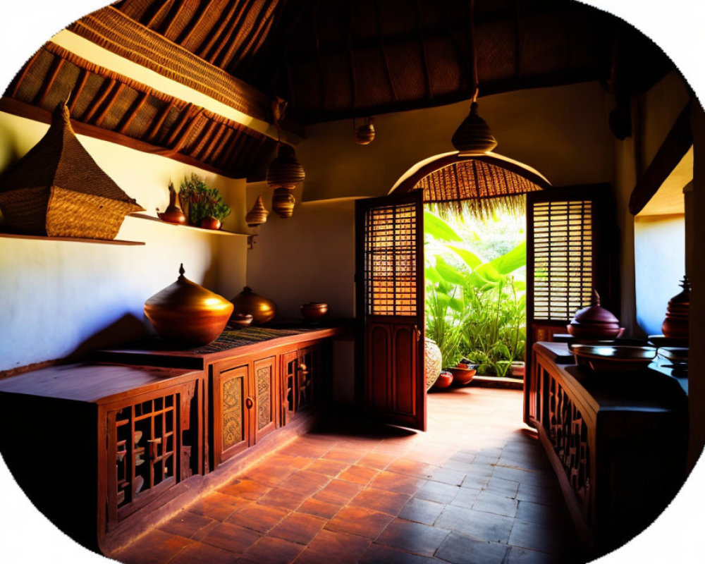 Traditional Rustic Kitchen with Earthen Pots, Wooden Furniture, Hanging Lamps, and Lattice