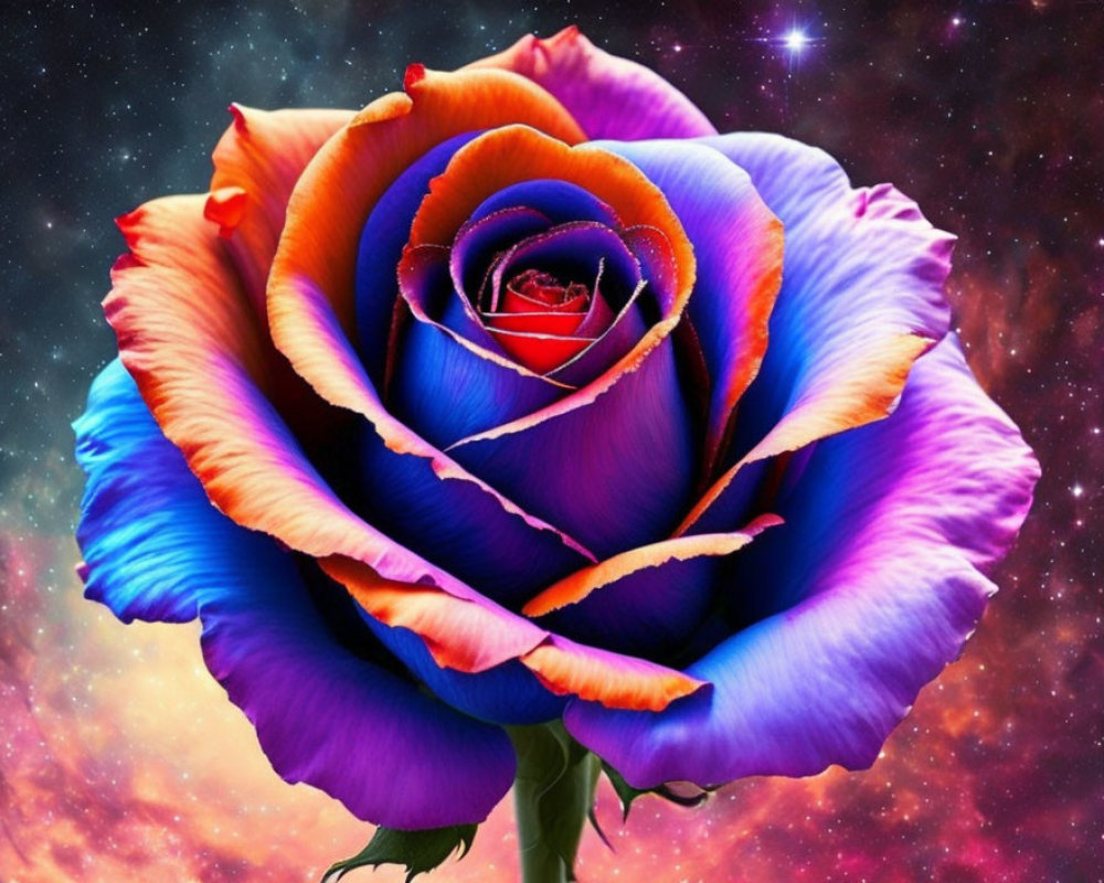 Multicolored rose against cosmic backdrop with stars