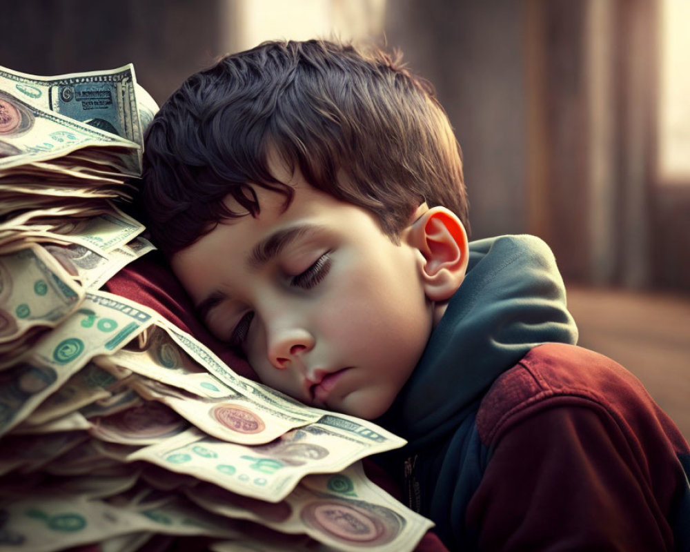 Child Sleeping on Pile of US Dollar Bills in Soft-focus Background