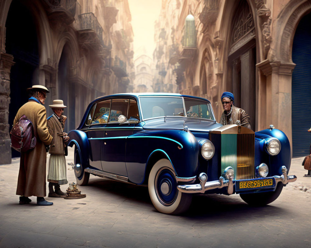 Vintage Blue Car on Old European Street with Driver and Pedestrian Talking
