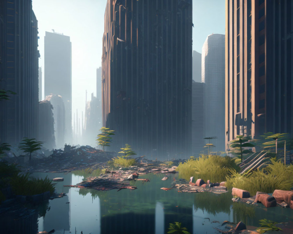 Post-apocalyptic cityscape with overgrown foliage and dilapidated skyscrapers.