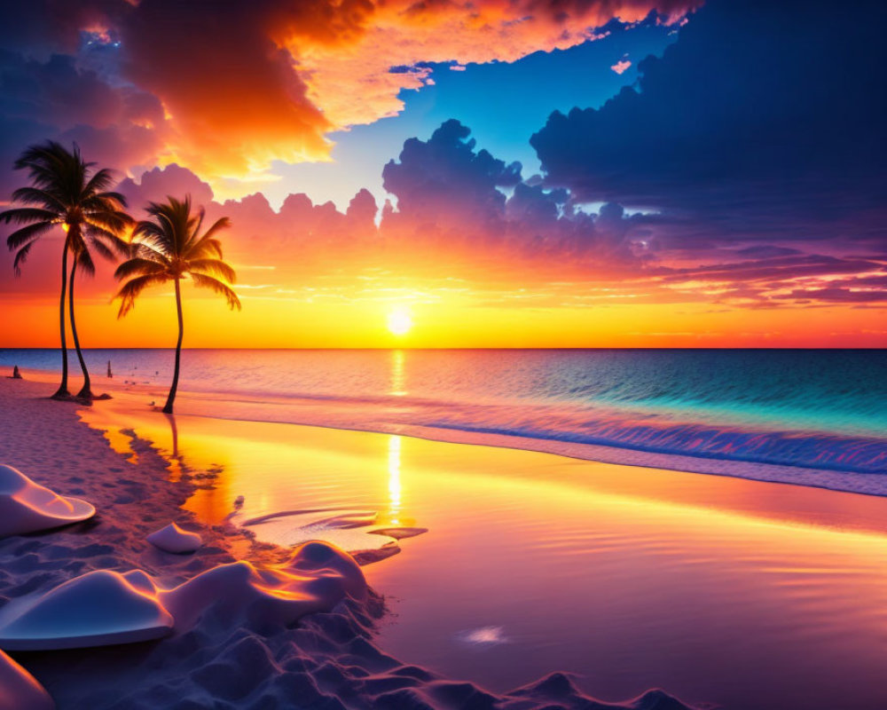 Scenic sunset beach with palm trees and tranquil sea