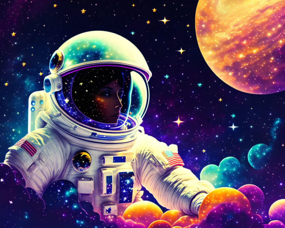 Cosmic backdrop with astronaut in reflective visor