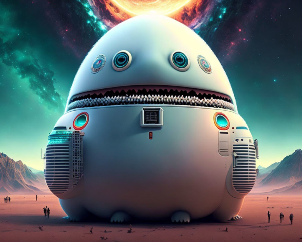 Surreal digital artwork of colossal egg-shaped structure in desert landscape