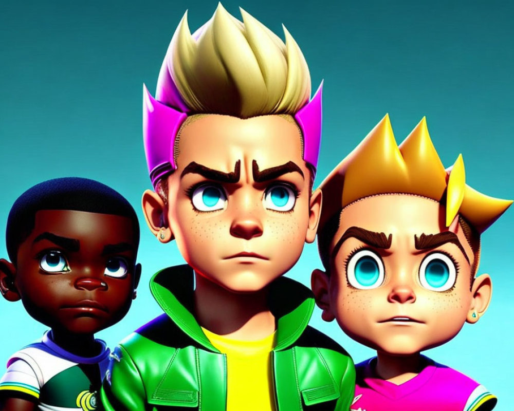 Three animated characters with exaggerated features and unique hairdos in green jacket.