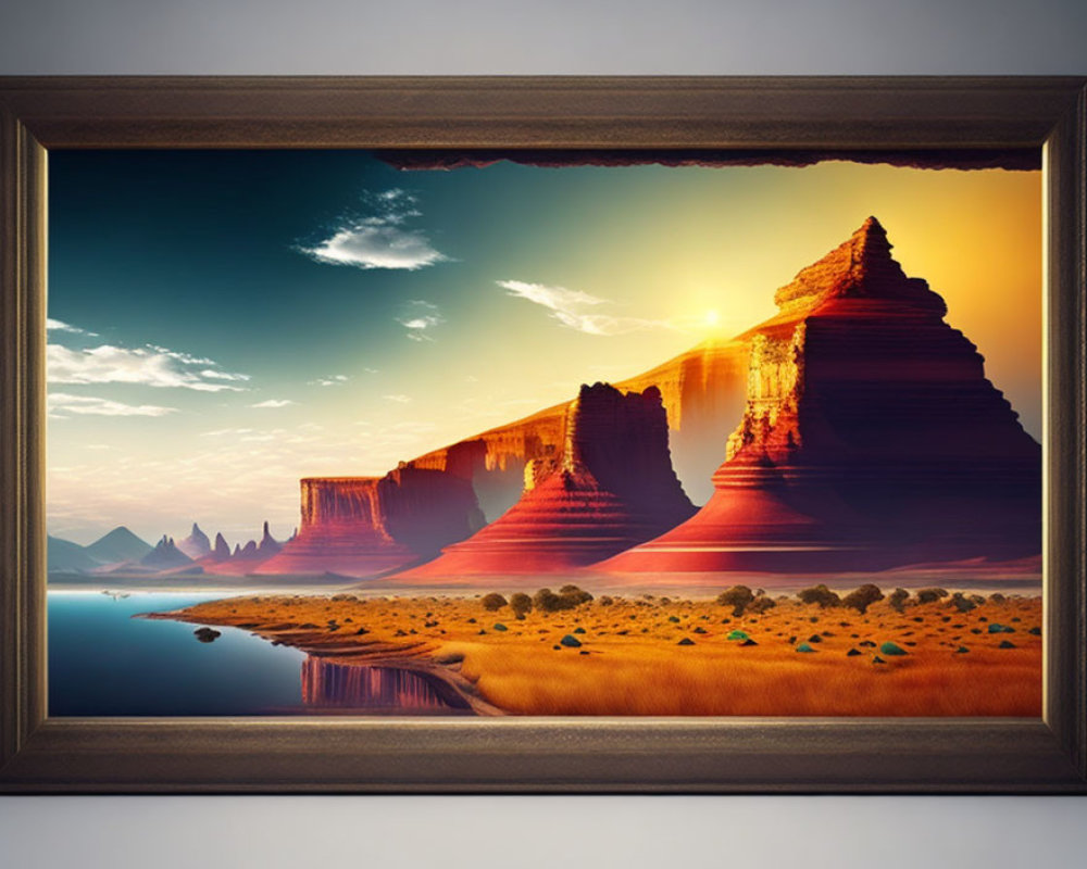 Sunset over desert mesas reflected in serene water