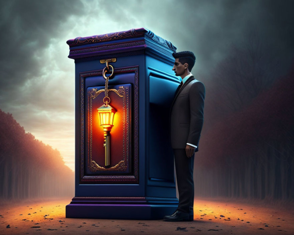 Man in suit by glowing lantern in front of ornate blue wardrobe in dim forest path