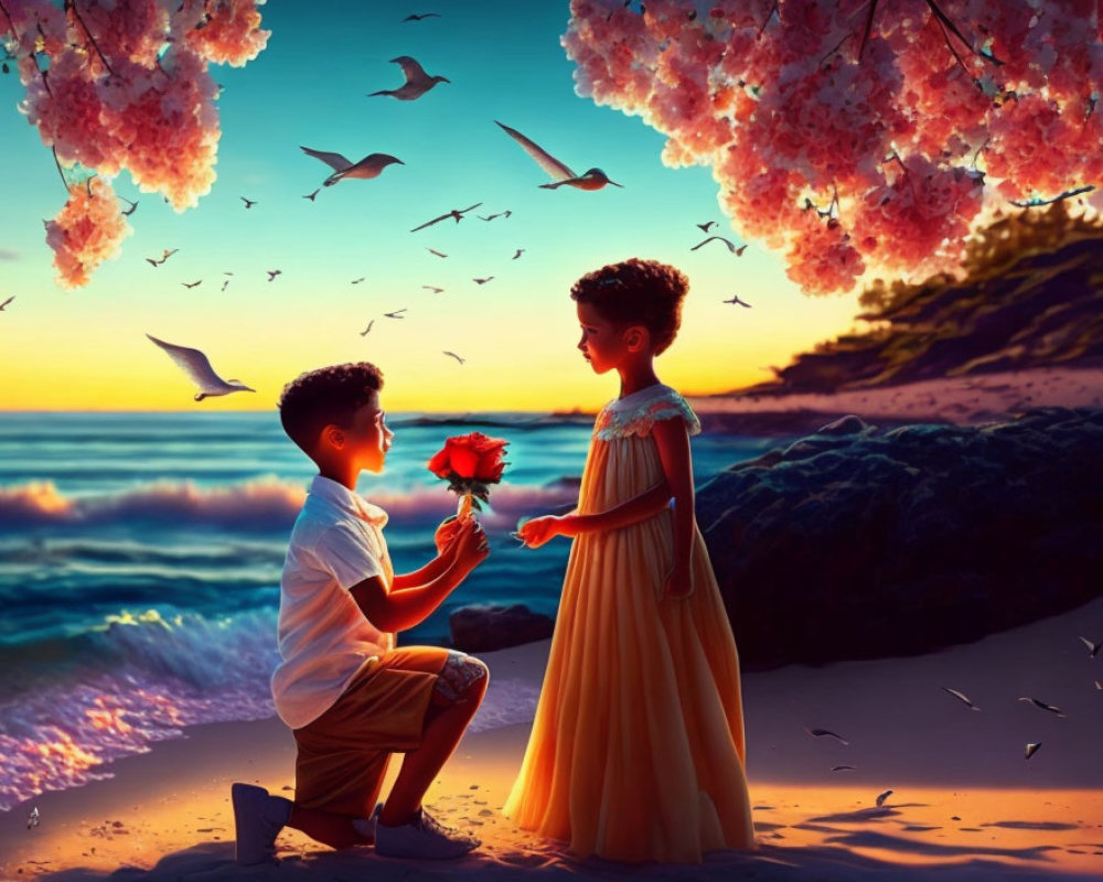 Young boy offering flower to girl under cherry blossoms by the sea at sunset